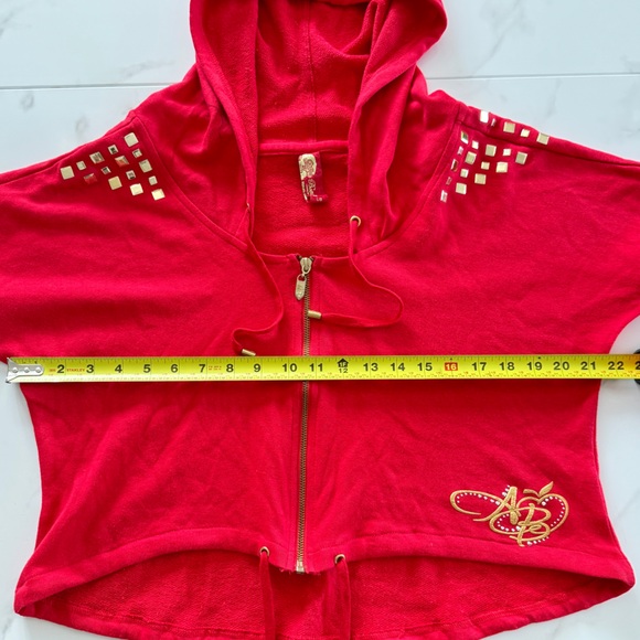 Apple Bottom Red Cropped Hoodie Embroidered Logo Gold Studded Zip Sweatshirt - Picture 10 of 13